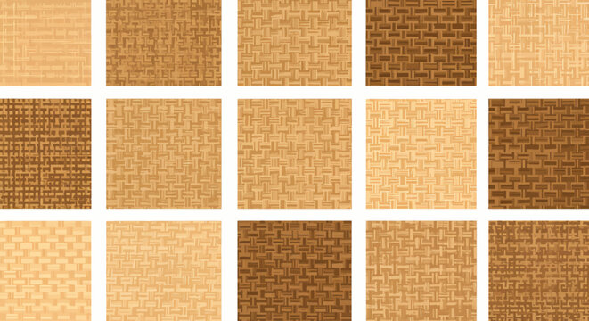 Fifteen square patterns simulating woven wood textures in various shades of brown