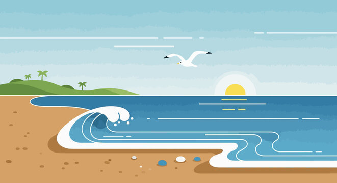 Stylized seascape illustration with wave, bird and serene horizon view capturing summer tranquility