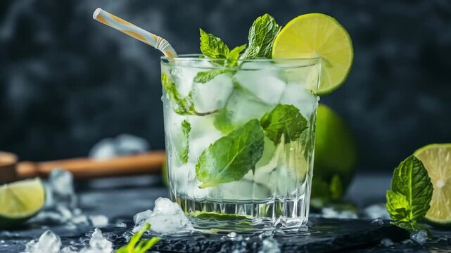 Refreshing drink with citrus, mint, and ice on a dark textured surface