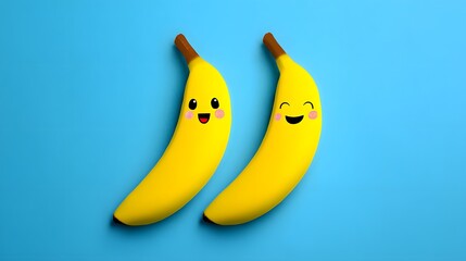 Two cheerful and smiling cartoon bananas with facial expressions are positioned on a bright blue background, showcasing a whimsical and playful theme with vibrant yellow fruit.