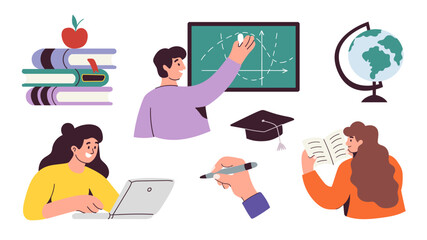 Back to school illustrations isolated on white background. Teacher, professor, students in classroom. Vector illustration, hand drawn, flat, doodle design. University, education banner. Students life