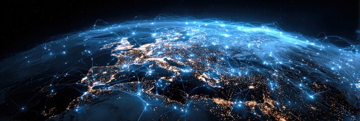 A view of Earth at night, highlighting city lights connected by glowing network lines
