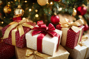 Festive Gifts Beneath the Christmas Tree: A cluster of beautifully wrapped presents adorns the base of a decorated Christmas tree, bathed in the soft glow of twinkling lights.