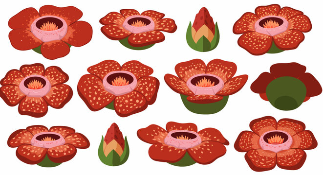 Illustrations of Rafflesia arnoldii flower at various stages and angles