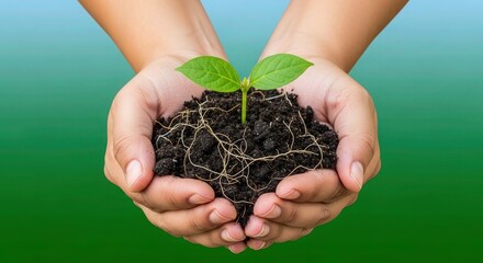 Nurturing new life hands gently holding seedling with rich soil, representing growth, sustainability, and environmental responsibility perfect for eco-conscious brands