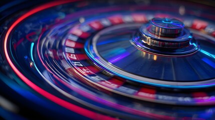 Spinning roulette wheel features vibrant streaks of red, blue, and purple light, illustrating motion and speed against a dark background, creating an abstract, dynamic display