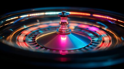 Spinning roulette wheel illuminated with vibrant, neon colors, creating a blurred motion effect against a dark, smooth background.
