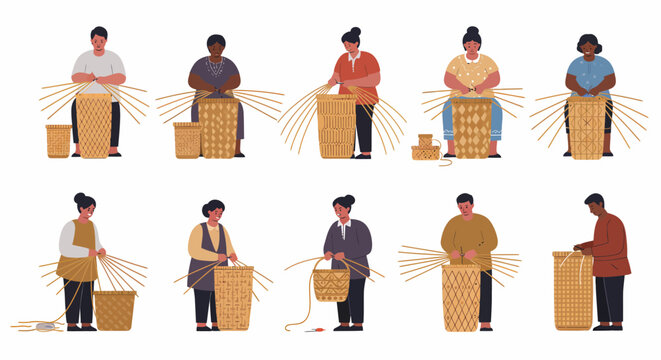 People weaving various styles of wicker baskets using natural reeds or strands