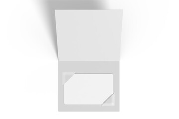 3D Gift Card with holder mockup, open Leaflet, bifold isolated on background. Blank folder paper template for presentation credit card, key card, notecards, invitation, branding, special offers, Ads