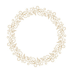 Delicate vector round frame with leaves and curls. Botanical decorative wreath for invitations and postcards