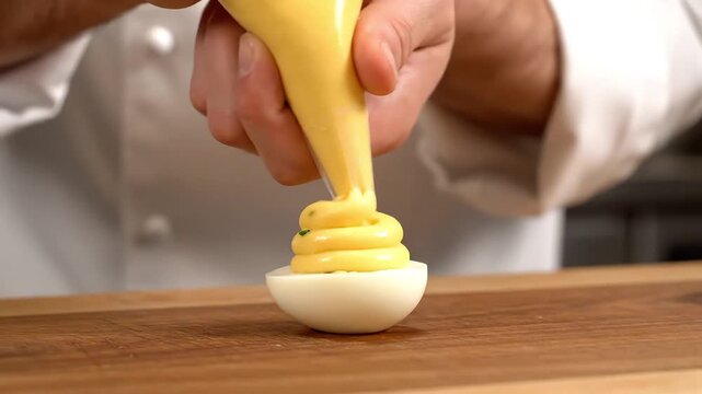 Chef's Culinary Skill Creating Exquisite Deviled Eggs with Precision, a Step-by-Step Guide to Delicious Egg Creations, Perfect Food Prep