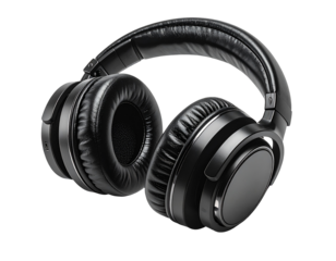 High-end over-ear headphones, black leather cushions, metal frame,