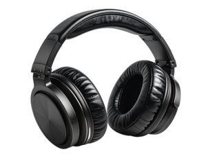 High-end over-ear headphones, black leather cushions, metal frame,