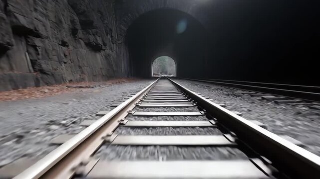 Railroad tracks leading into a dark tunnel through a rocky hillside.