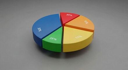 Dynamic 3D pie chart showing market share analysis with a visual breakdown of percentages for business presentations and financial reports, perfect for data storytelling