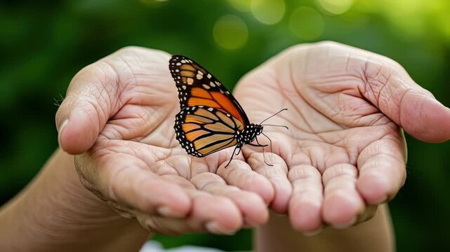 Monarch butterfly resting on human hands with detailed wing pattern