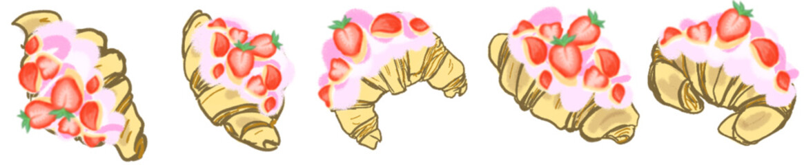 Strawberry Cream Croissant Illustration Set &ndash; Cute Bakery Pastry Vector for Cafe Menu, Dessert Clipart and Sweet Food Design