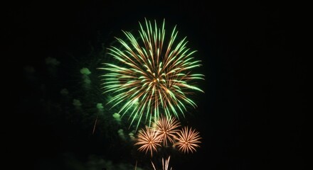 Fototapeta premium Emerald Gold Fireworks Night Sky Celebration.