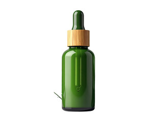 Matte green organic skincare dropper bottle, bamboo texture cap