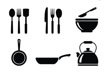 Scalable vector eps illustration of kitchen utensils and cookware for culinary designs silhouette vector illustration white background