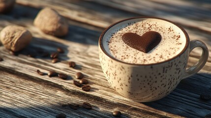Warm coffee cup with a chocolate heart on a rustic wooden table, surrounded by coffee beans and nuts, bathed in soft sunlight.
