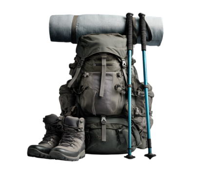 Hiking Backpack with Boots and Trekking Poles camping