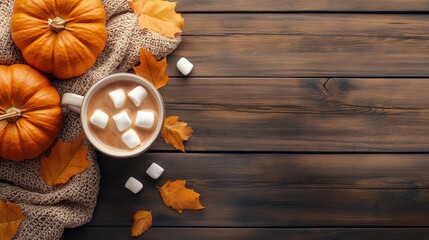 Cozy autumn flat lay with pumpkins hot chocolate and fall leaves on wood.