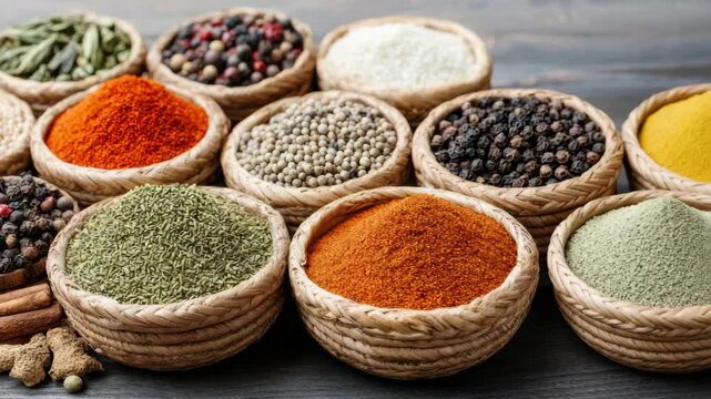 Colorful Spices and Herbs in Wooden Baskets Create Vibrant Seasoning Display of Flavors