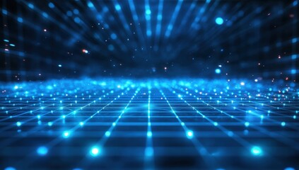 A vibrant digital grid with glowing blue points, creating a futuristic, immersive effect that suggests depth and motion.