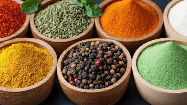 Colorful Spices and Herbs in Wooden Bowls Create Vibrant Culinary Seasoning Display of Flavors
