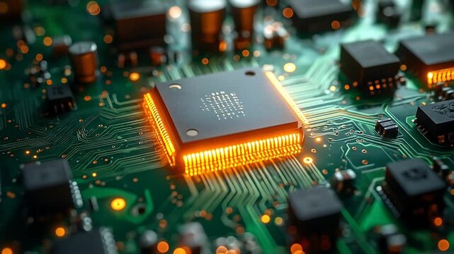 Close-up of a lit-up central processing unit (CPU) on a circuit board