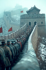 Chinese soldiers march along the Great Wall of China during a historic military display