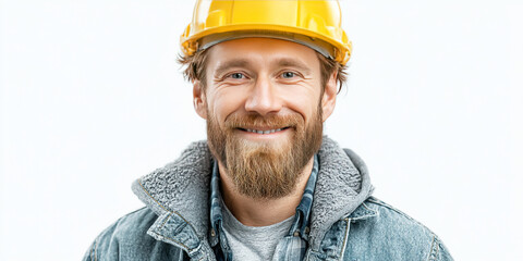 Smiling man wears construction helmet against white background expressing success and joy