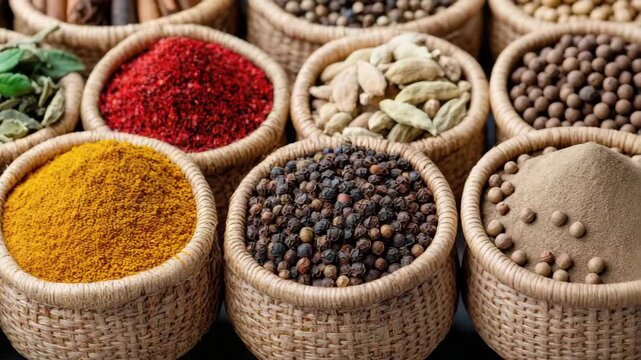 Vibrant Culinary Display of Colorful Spices and Herbs in Woven Baskets for Seasoning Flavors