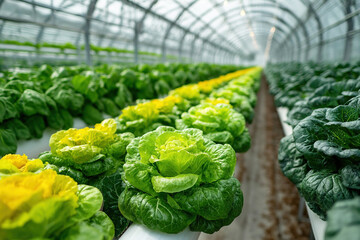 Modern high tech greenhouse filled with fresh vegetables like lettuce and cabbage