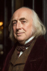 Distinguished gentleman in vintage attire stands confidently in historical setting