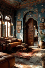 An Indian interior filled with rich textures and vibrant colors in a cozy living space