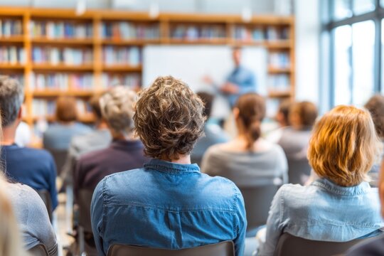 Audience watches a presentation in a library with bookshelves in the background