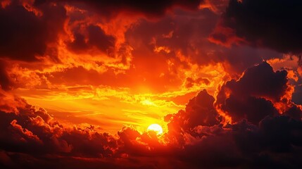 Fototapeta premium Dramatic fiery sunset sky with vibrant orange and red clouds.