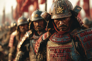 Military battle of Japanese samurai warriors in traditional armor during ancient Japan