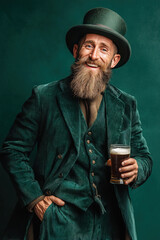 Cheerful man in green bowler hat and suit celebrating St Patricks Day with a beer in hand