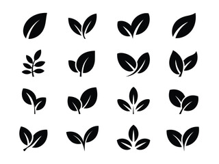 Collection of 16 scalable vector illustrations of black leaves for diverse design applications eps silhouette vector illustration white background