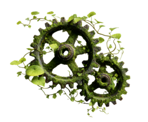 Overgrown gears entwined with lush green vines and leaves