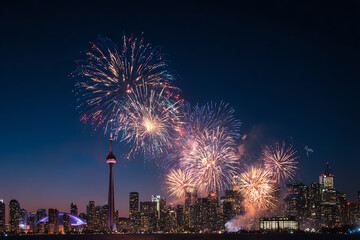 Night Sky Spectacle: Witness a vibrant fireworks display illuminate the urban skyline. Bursting with radiant colors against the deep blue canvas of night, this scene celebrates joy and festivity.