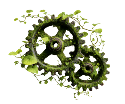 Overgrown gears entwined with lush green vines and leaves