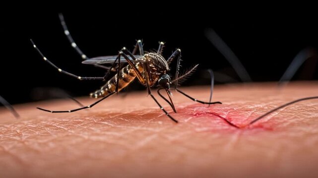 Mosquito insect landing on skin surface close up dark background