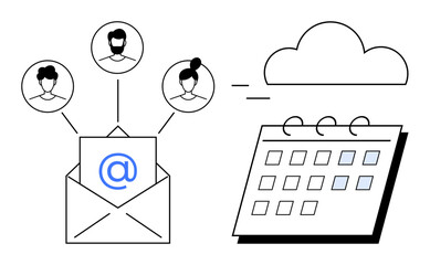 Envelope with email symbol connecting to user profiles, cloud, and calendar. Ideal for communication, scheduling, teamwork, cloud storage, productivity, remote work concepts simple flat metaphor