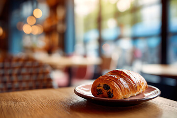 🥐 Chocolate Croissant in cafe: A mouthwatering chocolate croissant rests delicately on a plate atop a wooden table, inviting you to indulge in its flaky, buttery goodness.