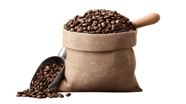 Coffee beans in burlap sack with scoop