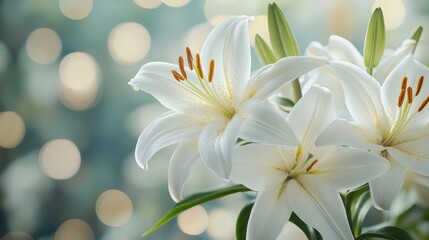 Fototapeta premium A close-up of elegant white lilies with soft bokeh background, highlighting their delicate petals and vibrant stamens.